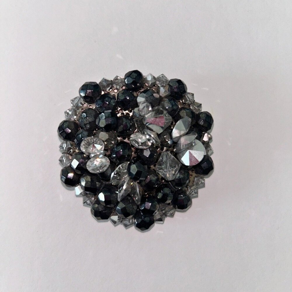 Sparkly Black & Silver Beaded Wreath Vintage Fashion Brooch Unsigned